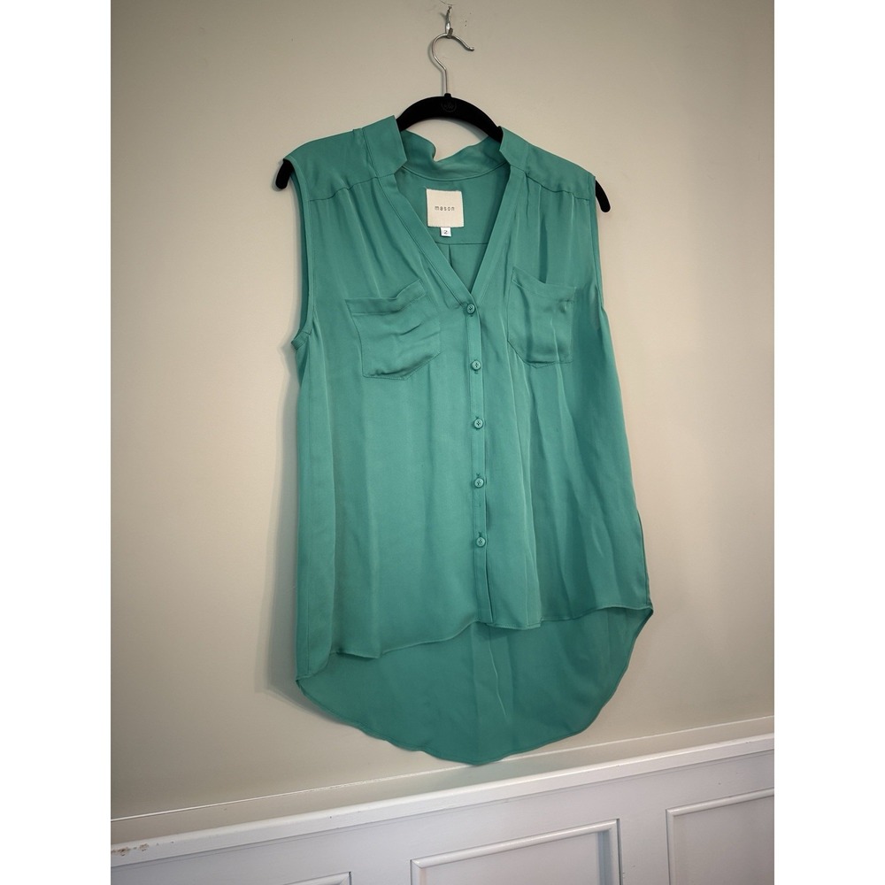 Michelle Mason Green Silk V-Neck Sleeveless Top Blouse Size 2